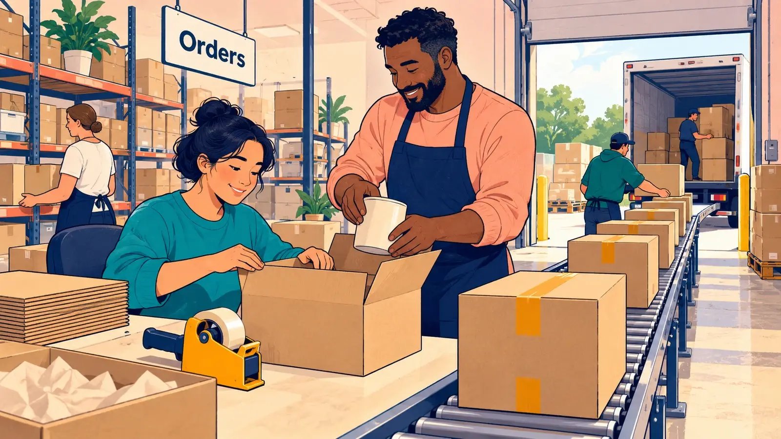 Two fulfillment workers pack an order beside a conveyor carrying sealed shipping cartons.