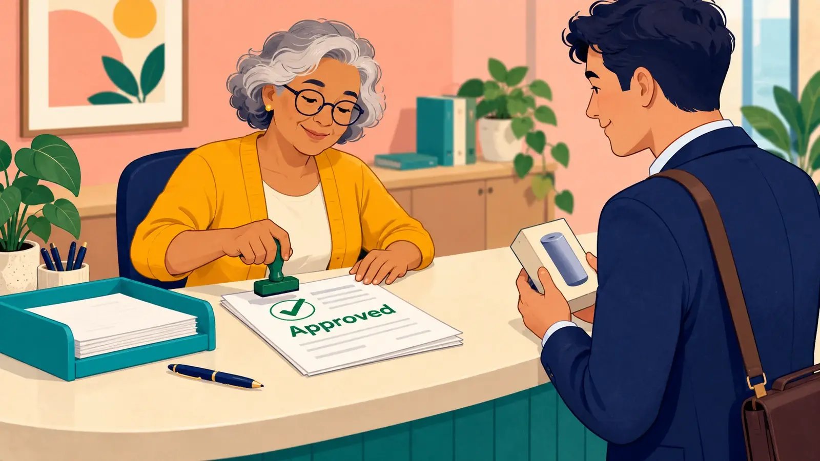 An employee presents a product while an approver stamps a purchase request.