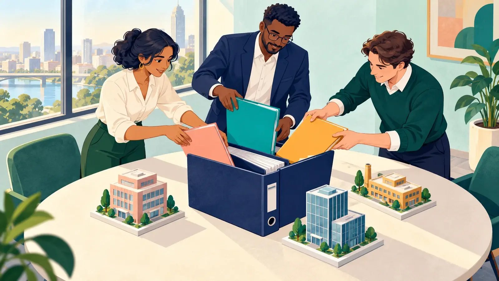 Three finance colleagues combine entity folders into one binder beside model office buildings.