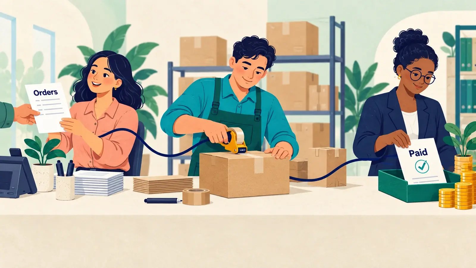 A sales clerk, fulfillment worker and finance specialist connect a customer order, packaged delivery and payment record.