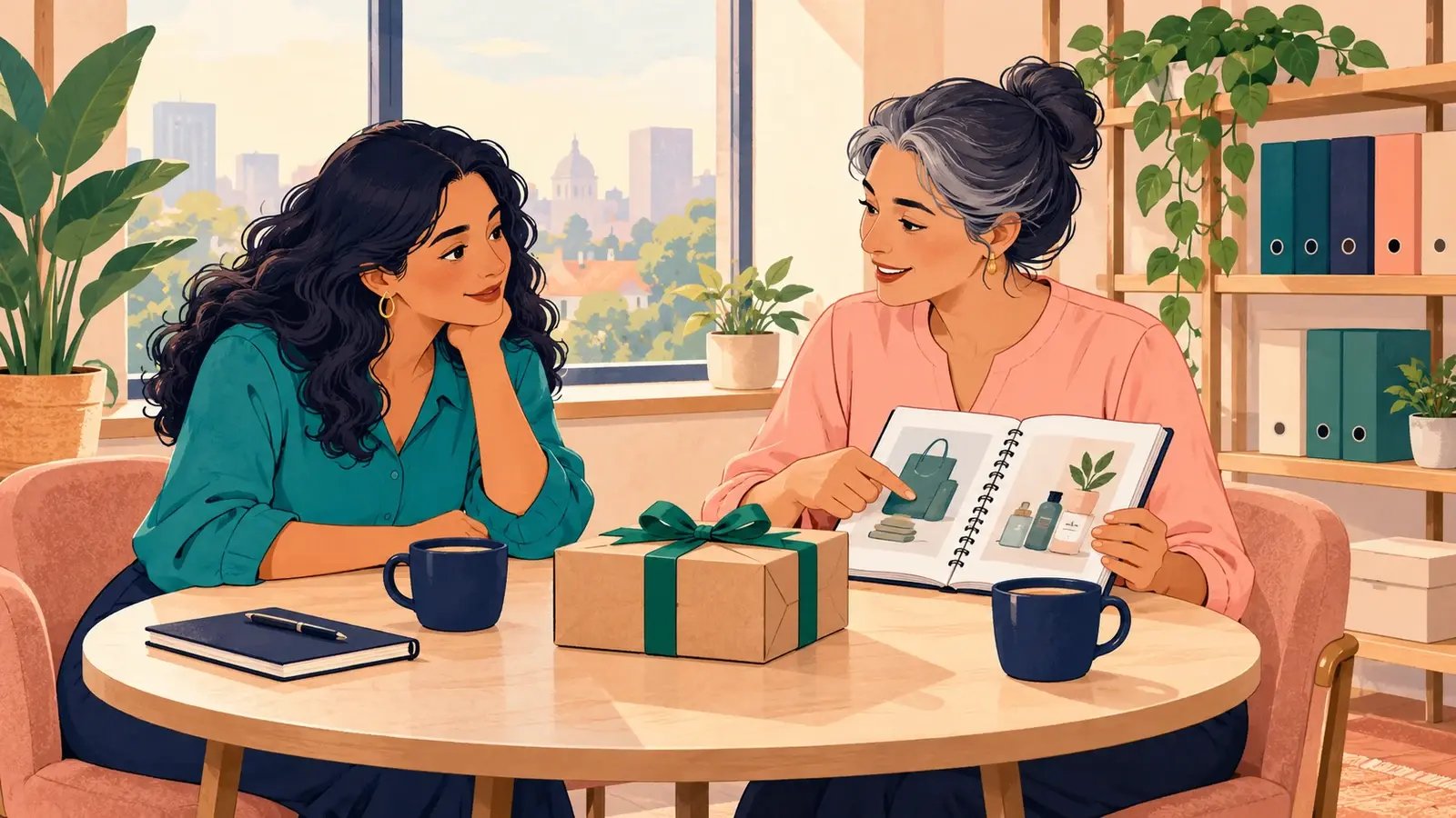 A customer success specialist reviews a customer's service notebook in a welcoming office meeting.