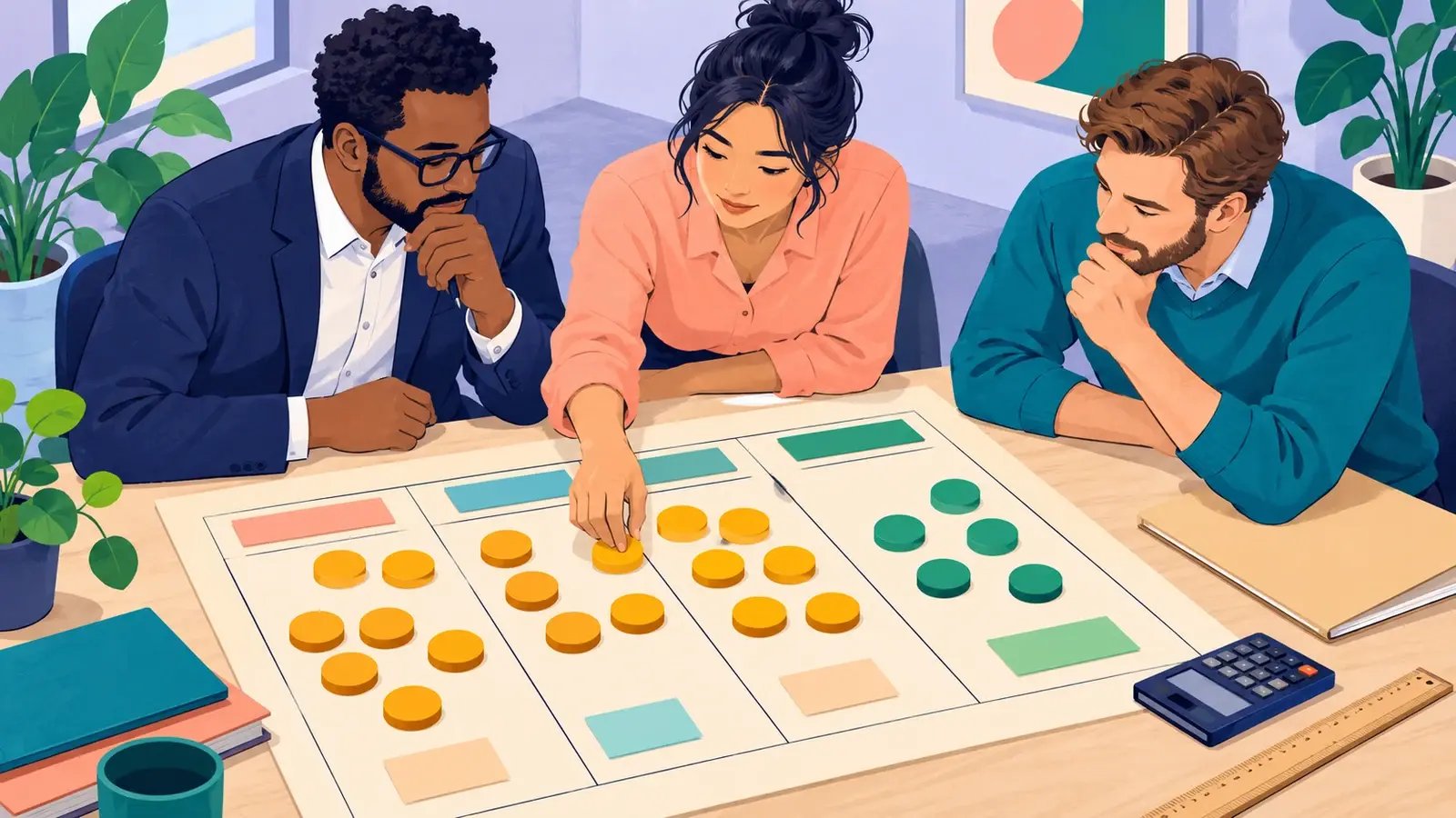 Colleagues compare financial allocations on a planning board with colored tokens and a calculator.