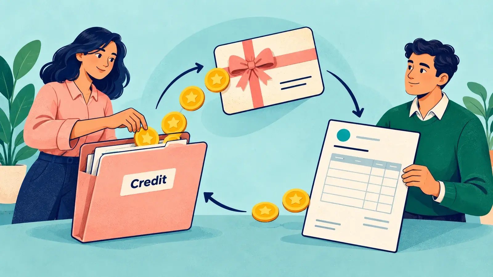 A customer credit connects to a gift voucher through a balanced invoice trail.