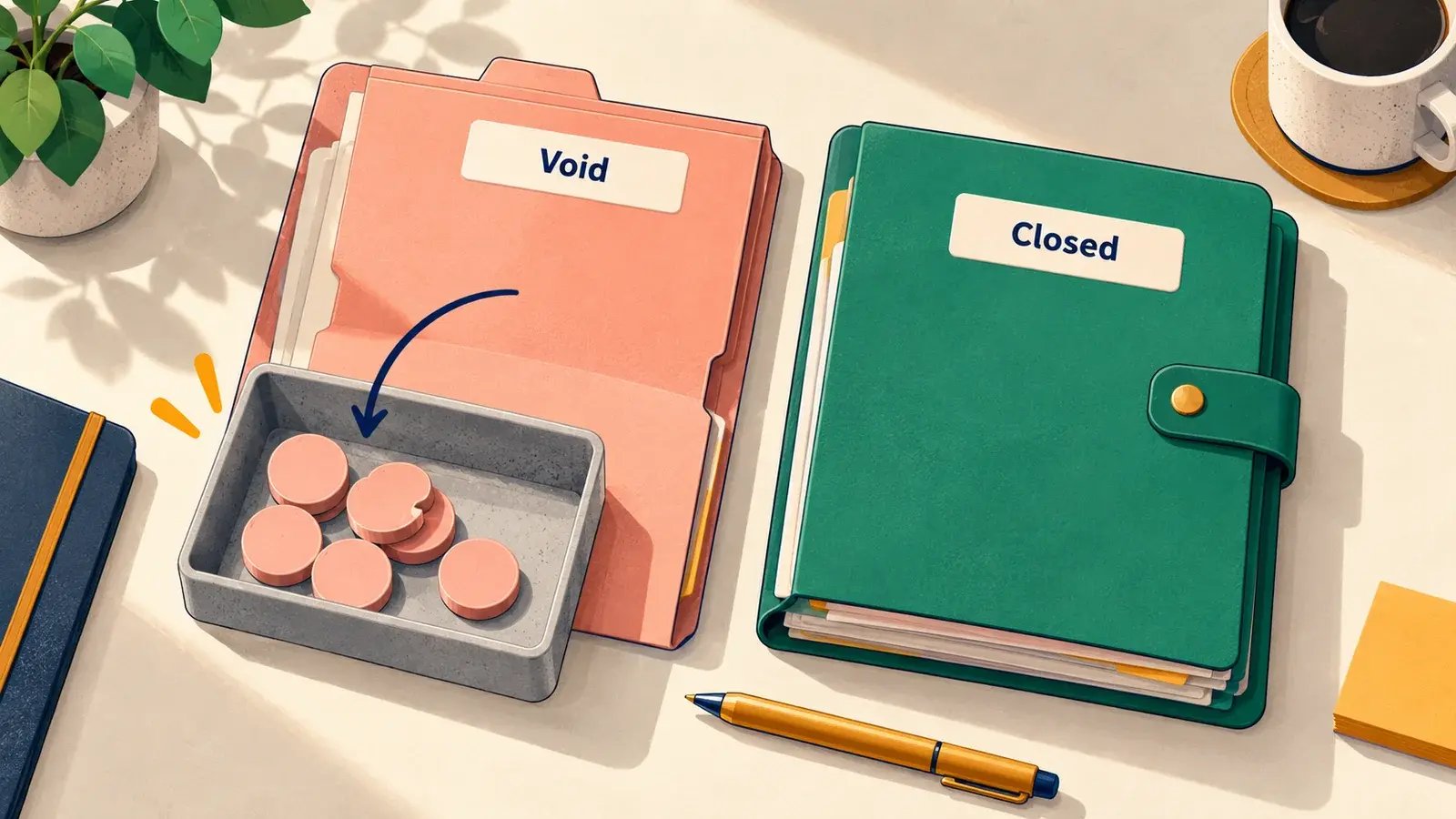 A Void transaction folder and a closed binder sit beside a tray of value tokens.