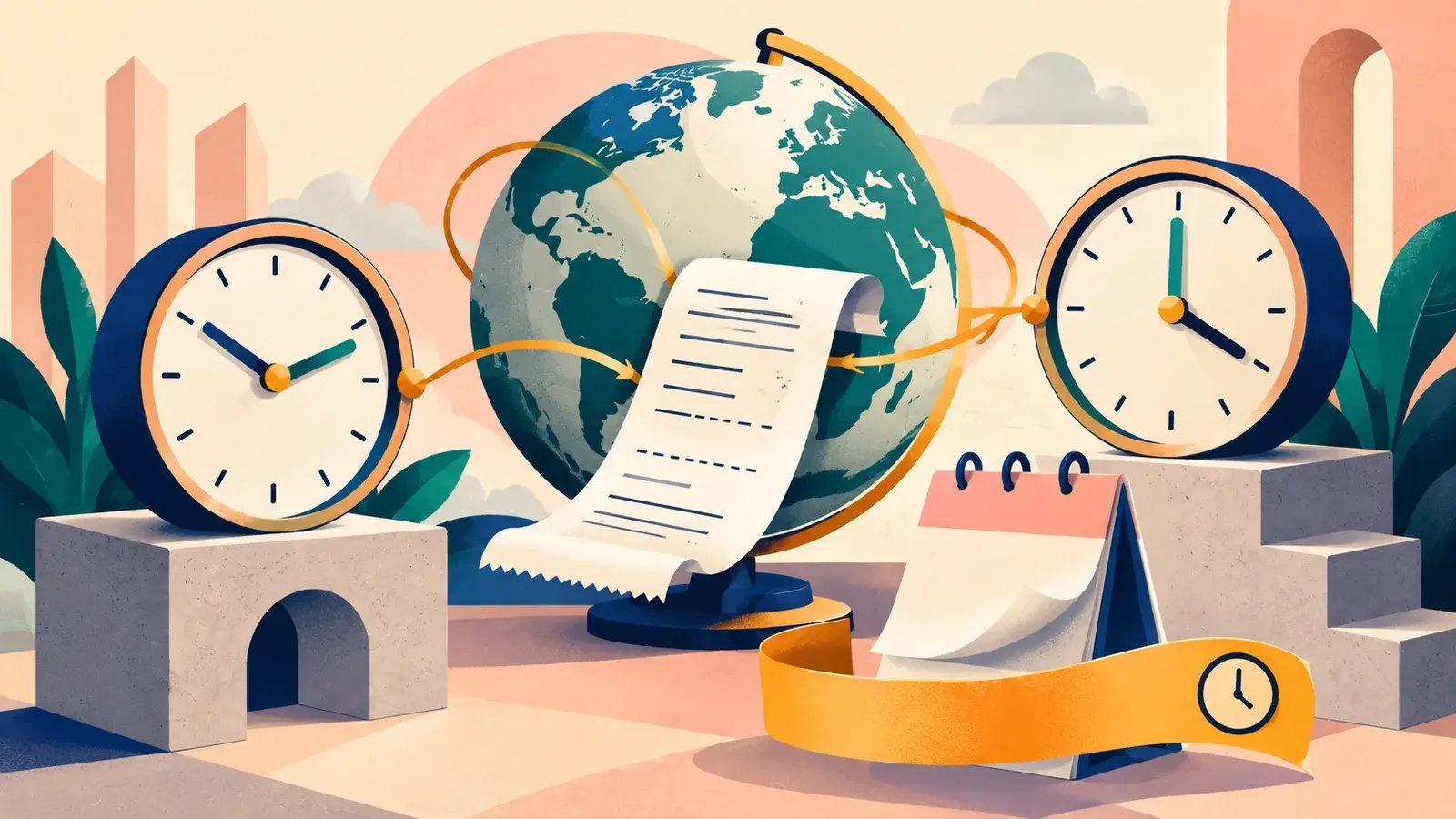 A transaction links a local calendar date with clocks in different time zones.