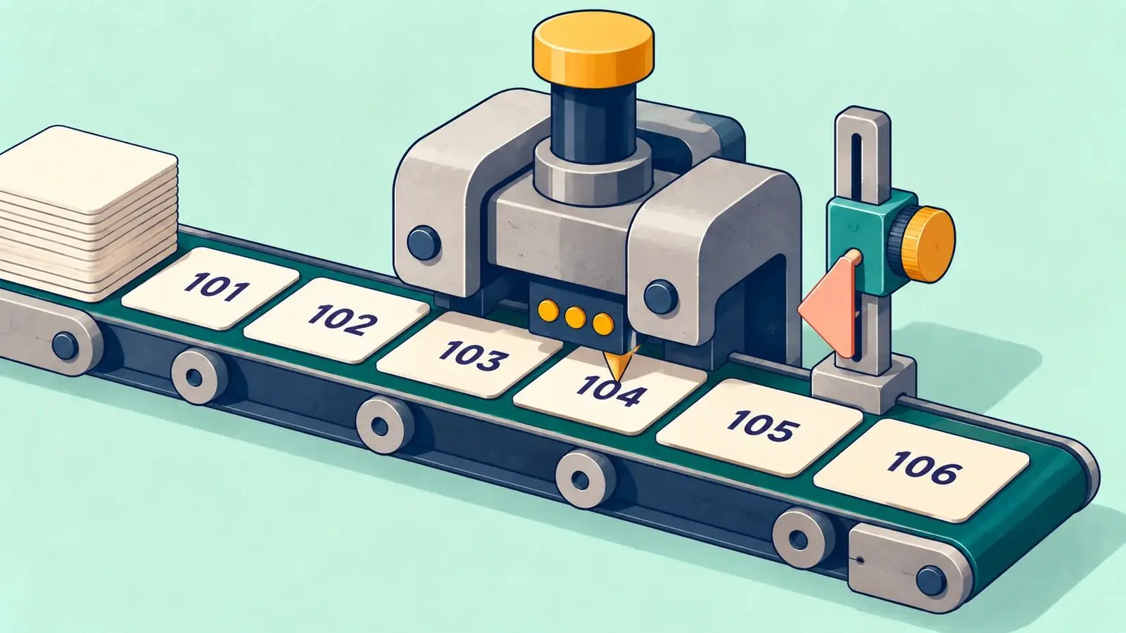 An automatic numbering press marks six transaction cards with sequential identifiers from 101 to 106.