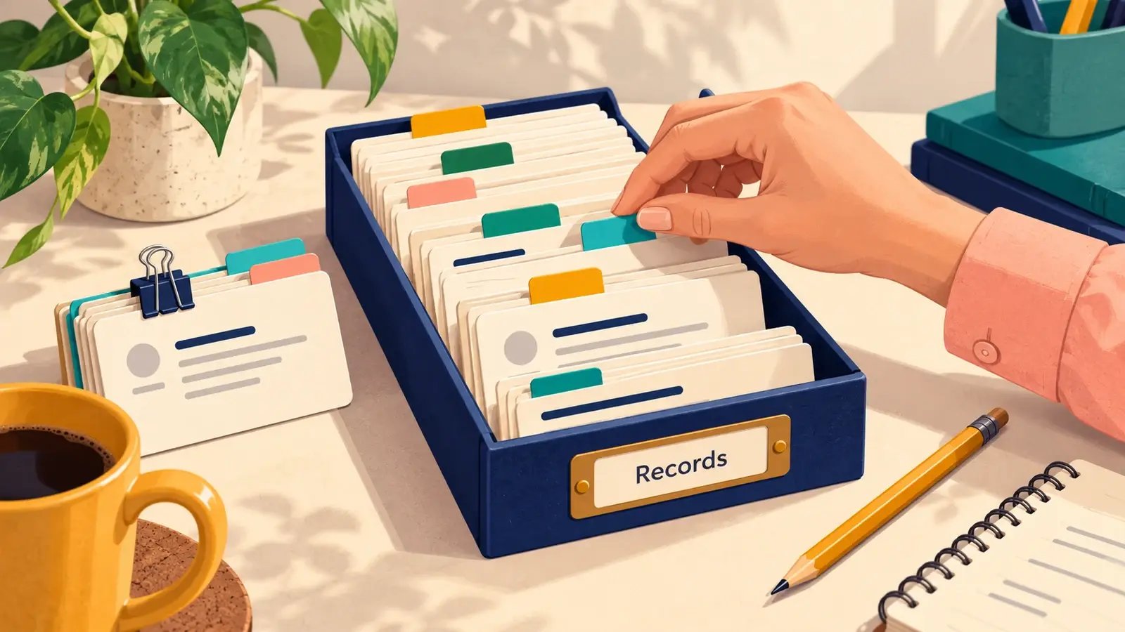 Several records are edited together directly in an index tray.