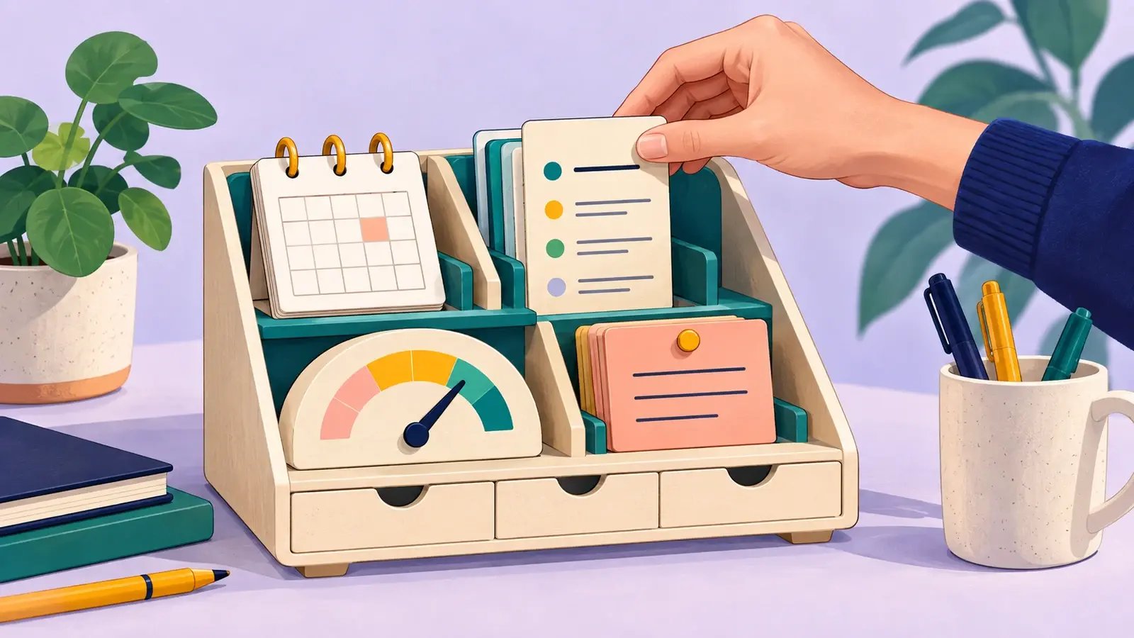 A modular desktop cabinet combines lists, calendars, reminders and business meters.