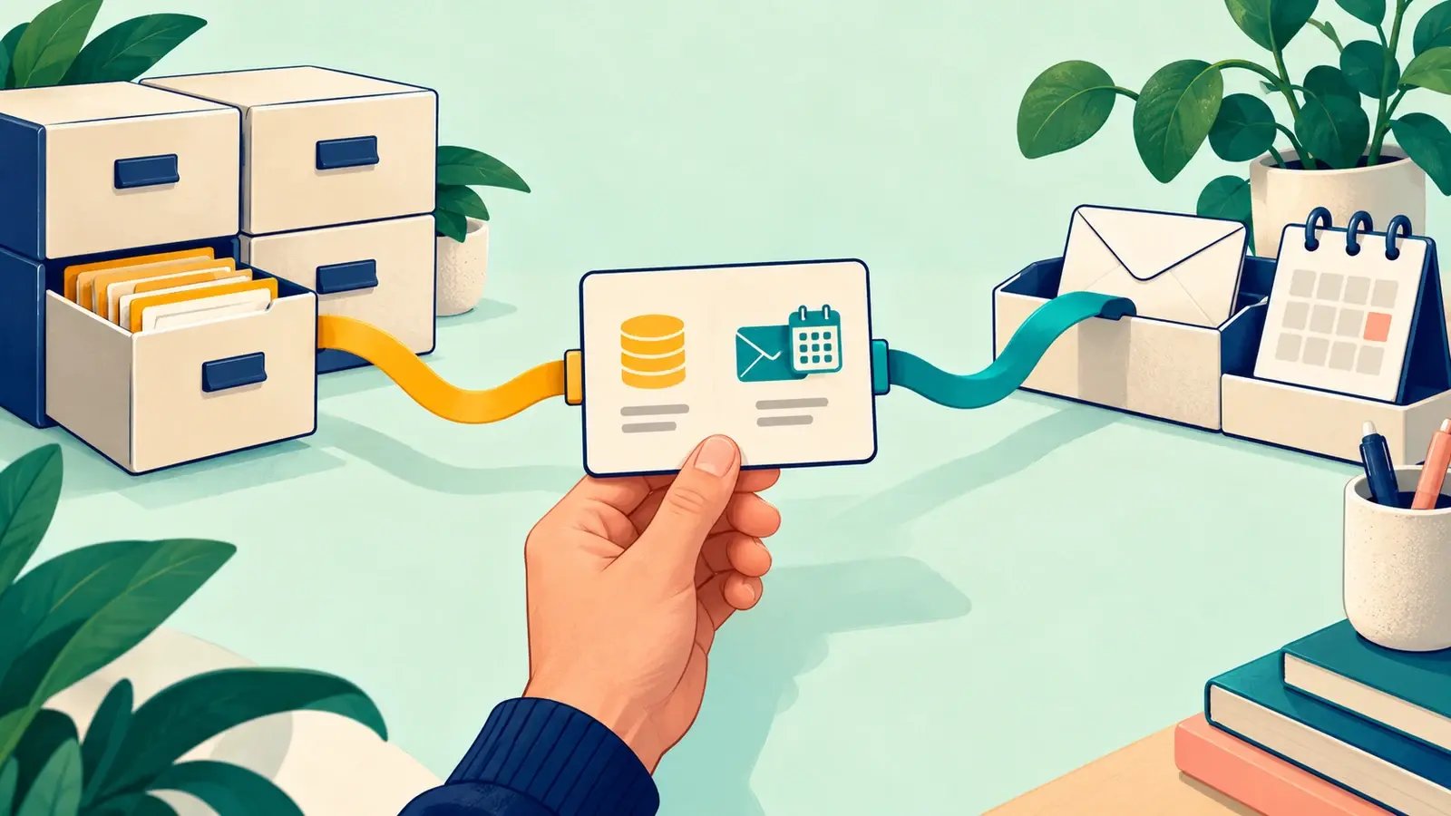 A data archive connects through an integration card to an email tray and calendar.