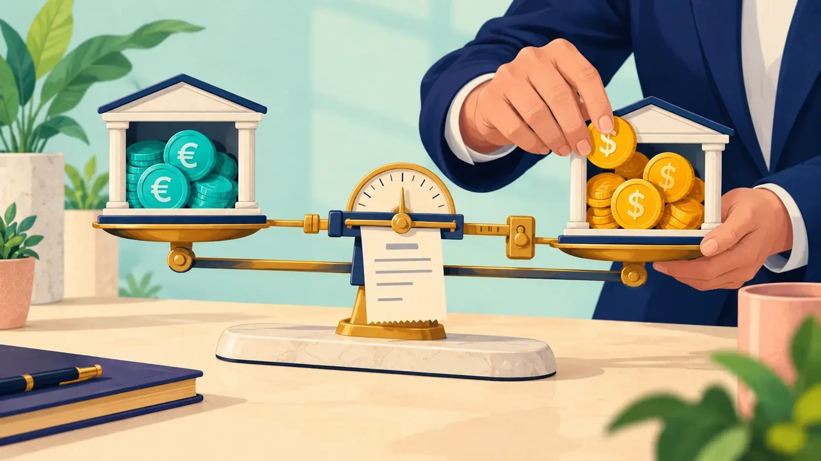 Two currency accounts with euro and dollar tokens sit on opposite sides of a balance.