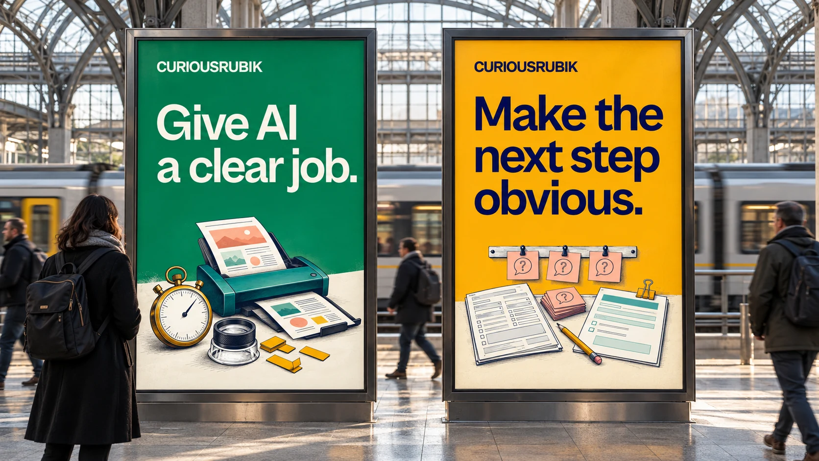 Photographic transit scene with green and amber CuriousRubik posters reading “Give AI a clear job” and “Make the next step obvious.”