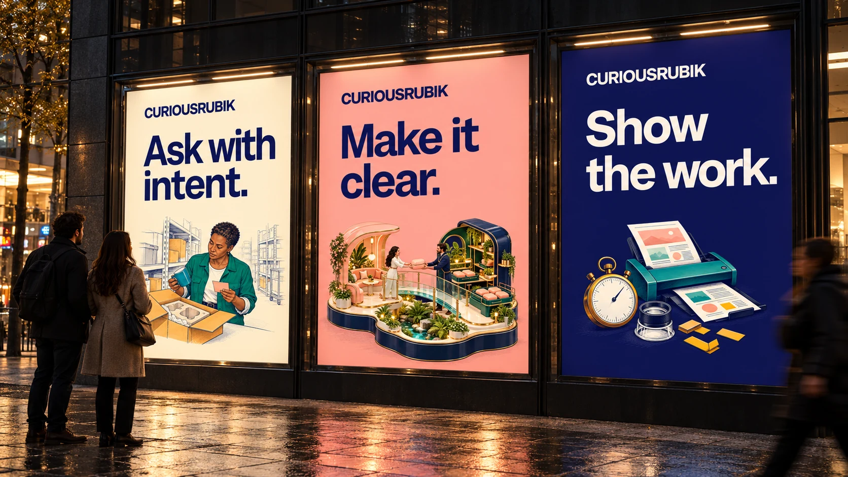 Three illuminated CuriousRubik posters after dark reading “Ask with intent,” “Make it clear,” and “Show the work.”