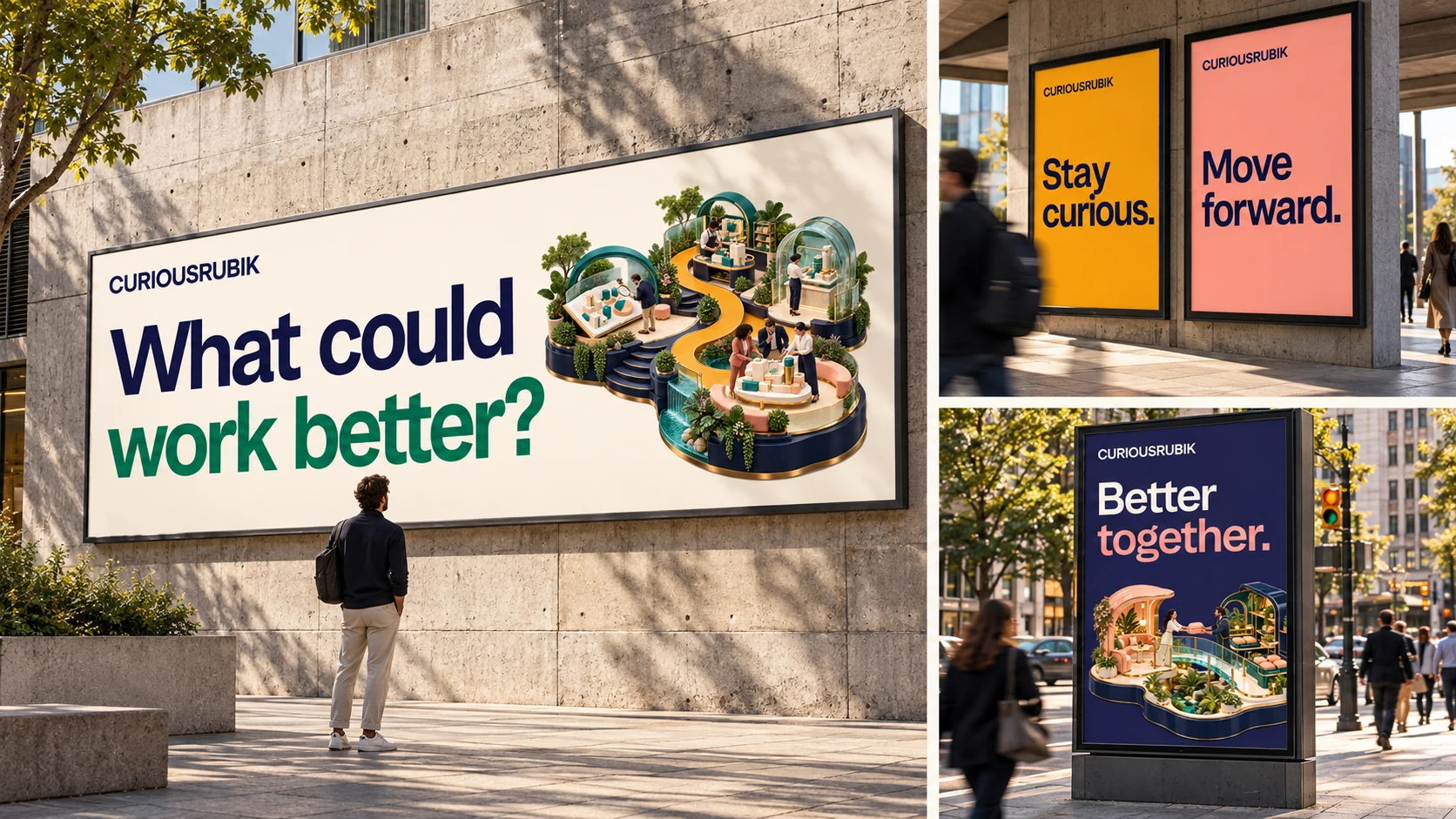 Editorial photographic three-scene collage of CuriousRubik campaign designs with the messages “What could work better,” “Stay curious,” “Move forward,” and “Better together.”