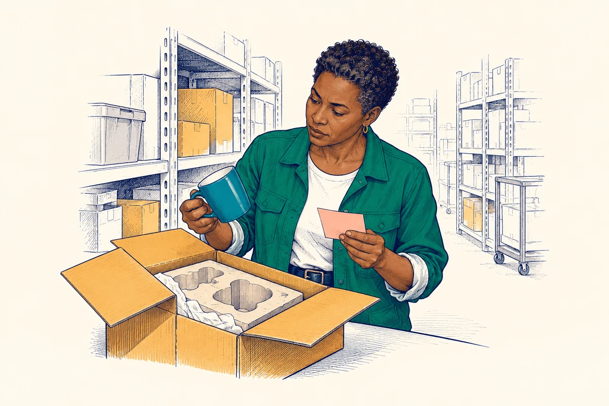 An editorial ink illustration of a person investigating a practical question at a warehouse packing desk.