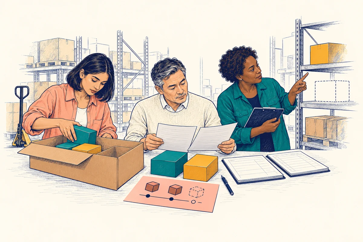 Editorial ink illustration of a team walking through a partial shipment scenario.