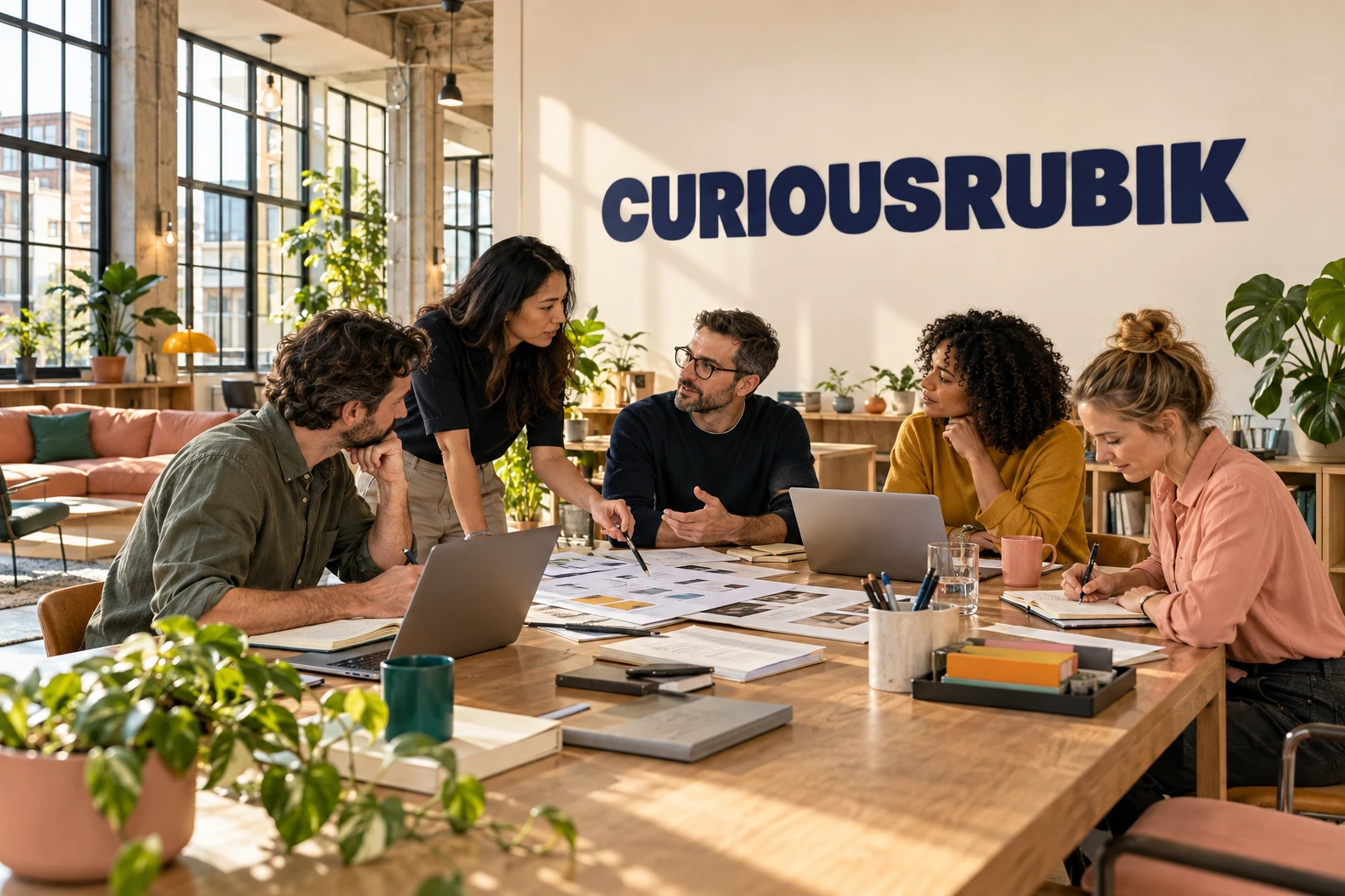 A modern consulting workspace with collaborative work areas and CuriousRubik wall branding.
