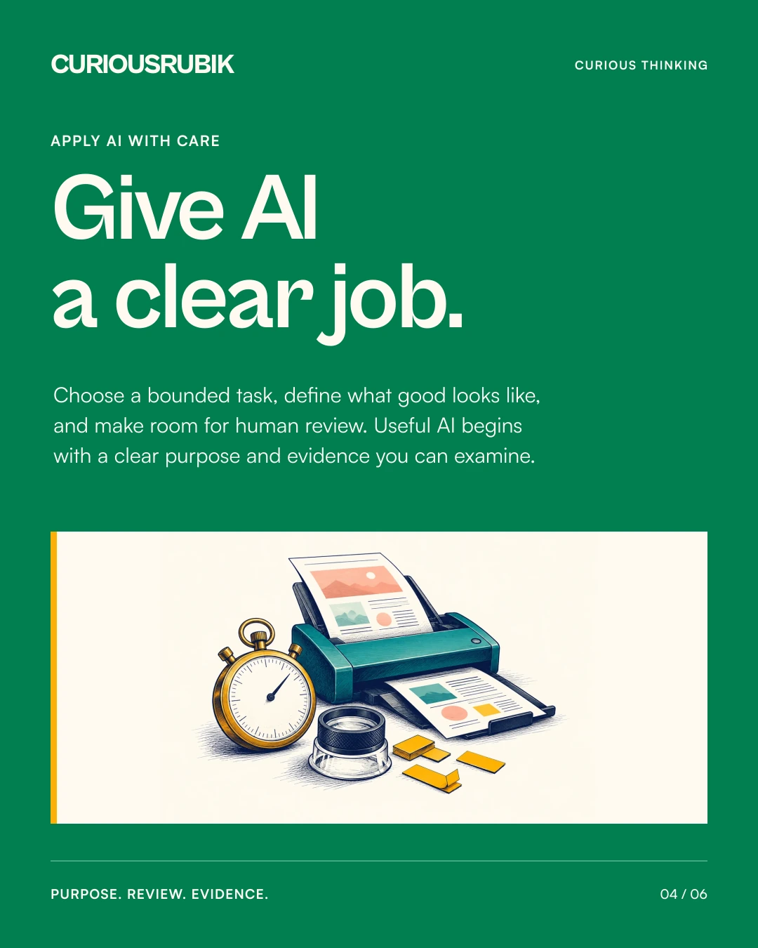 Green CuriousRubik poster reading “Give AI a clear job,” with an editorial still life of a scanner, stopwatch and inspection lens.