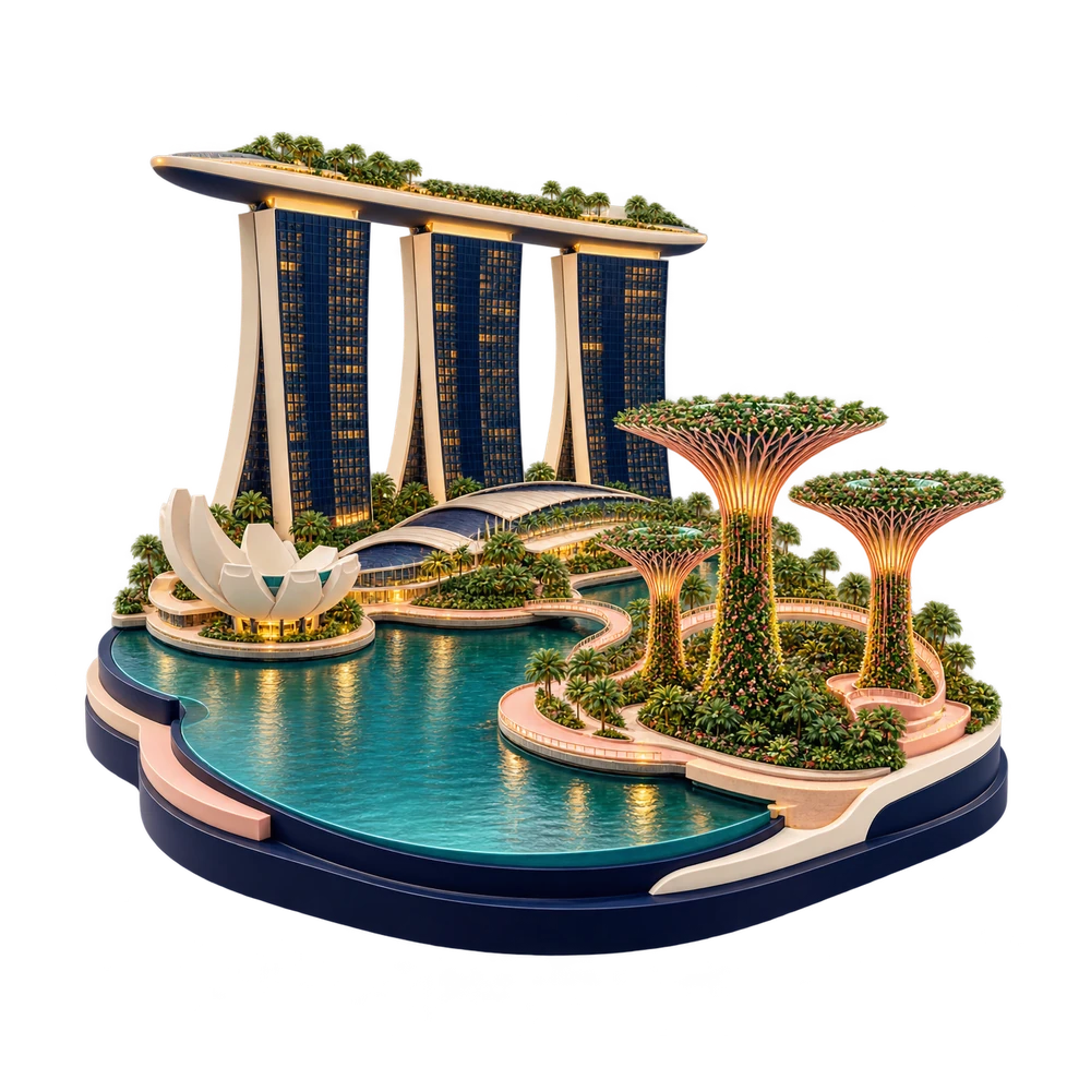 Sculptural Singapore waterfront with Marina Bay Sands and Gardens by the Bay Supertrees in CuriousRubik colours.