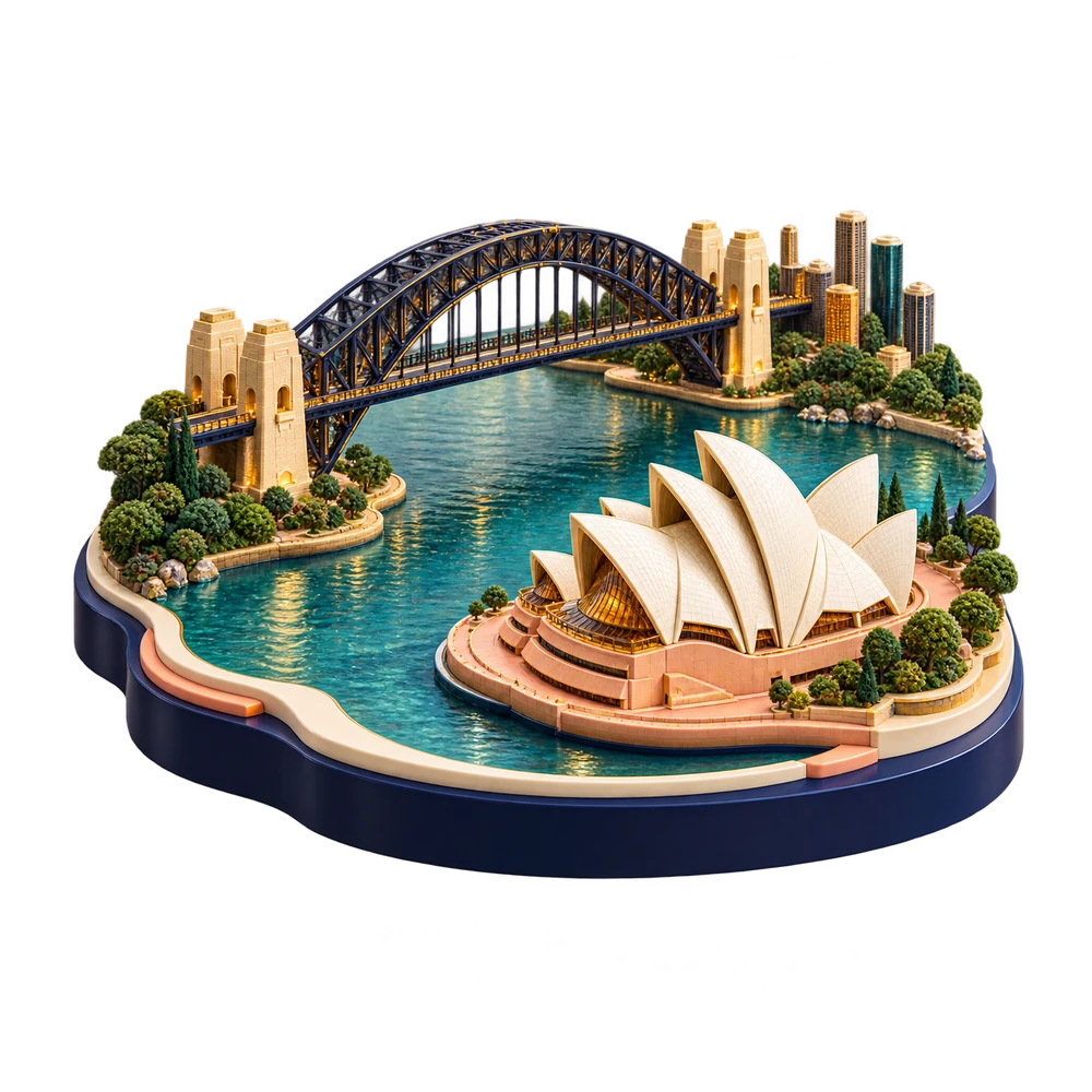 Sculptural Sydney Harbour with the Opera House and Harbour Bridge in CuriousRubik colours.