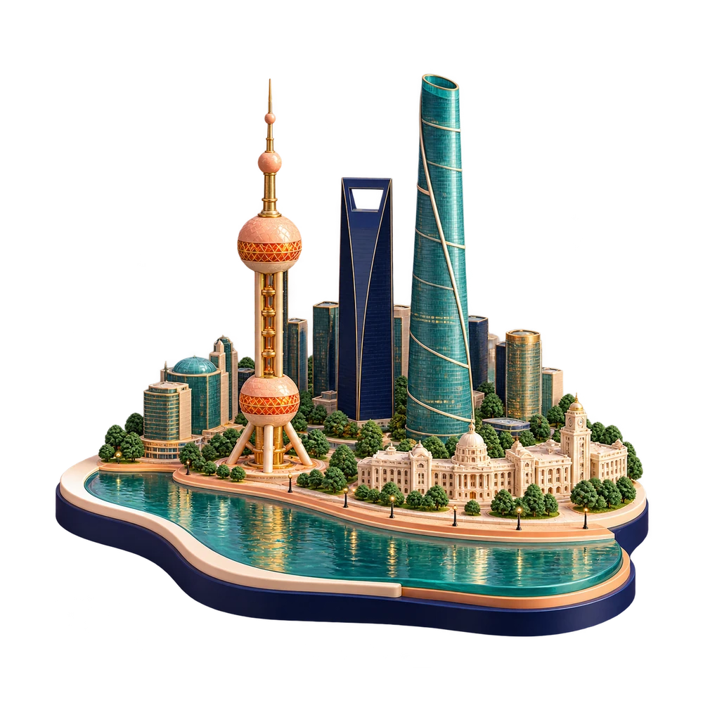 Sculptural Shanghai waterfront with the Oriental Pearl Tower, Shanghai Tower and World Financial Center in CuriousRubik colours.