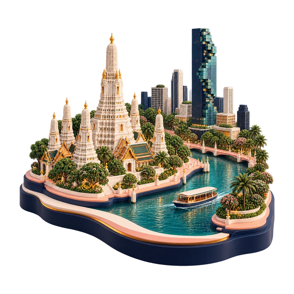 Sculptural Bangkok riverside with Wat Arun-inspired temple architecture, MahaNakhon tower and a ferry in CuriousRubik colours.