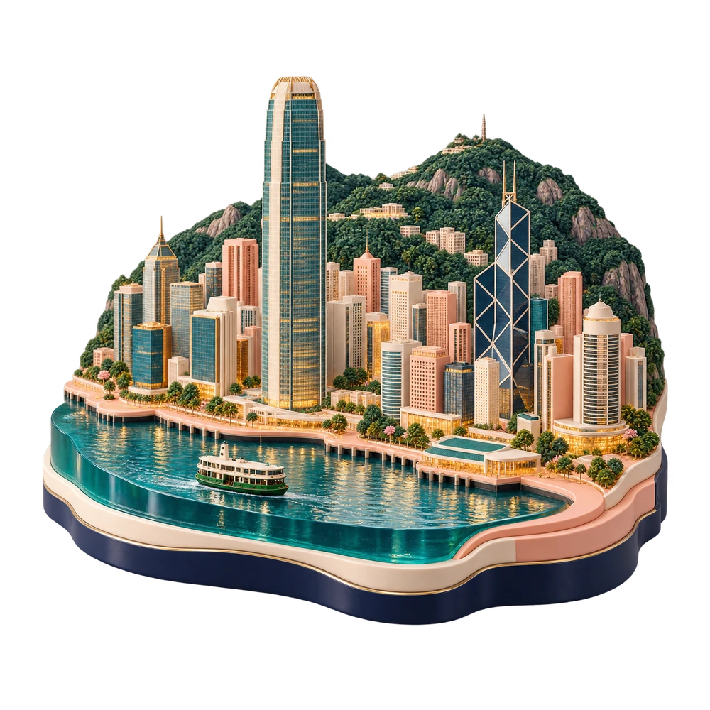 Sculptural Hong Kong harbour with IFC and Bank of China towers, green hills and a Star Ferry in CuriousRubik colours.