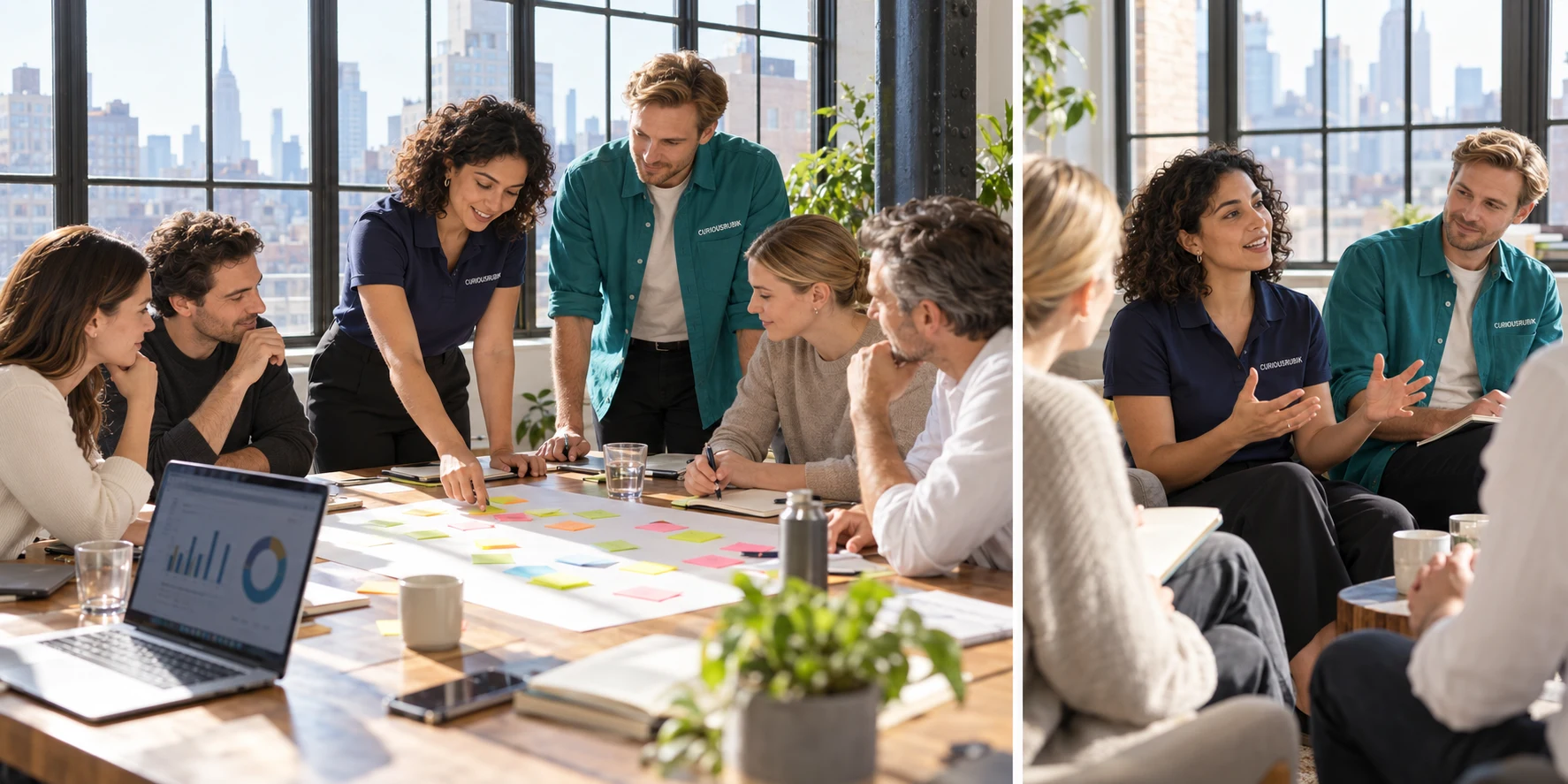 Conceptual workshop scene: consultants and business participants discuss a process map.