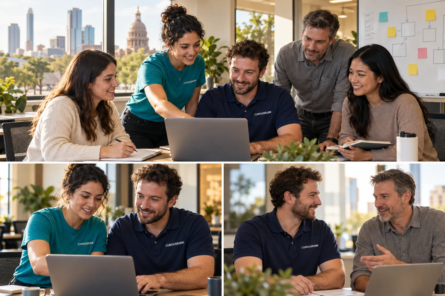 Conceptual implementation scene: consultants and business participants review work together on a laptop.