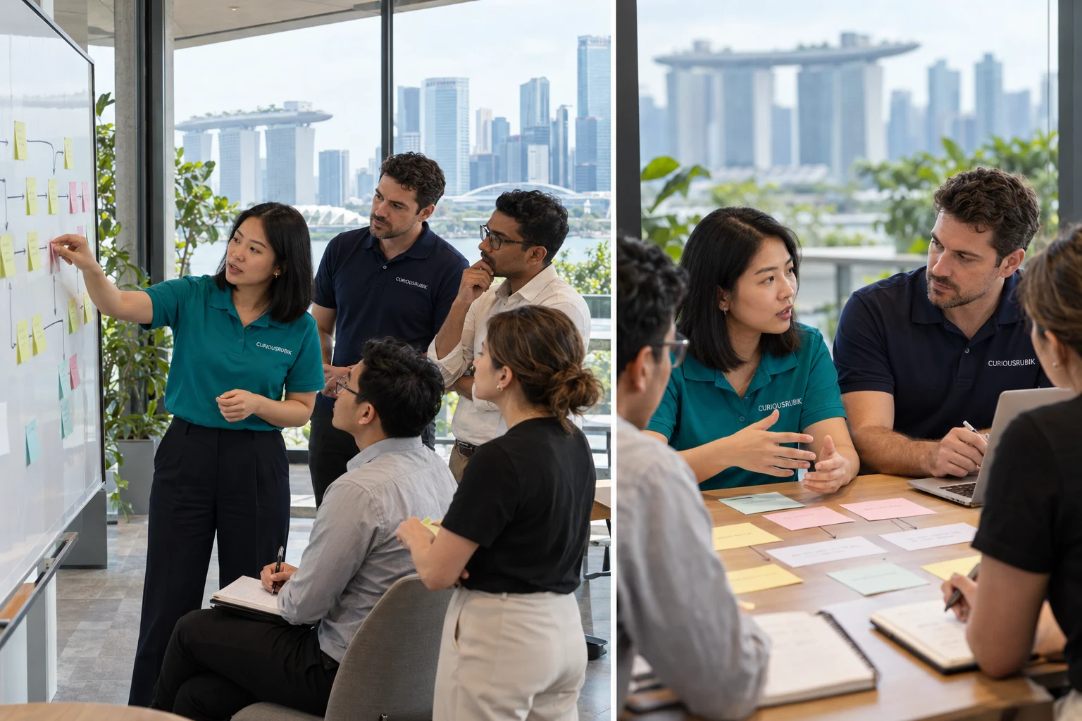 Conceptual workshop scene: a group maps a process on a whiteboard and discusses the design.