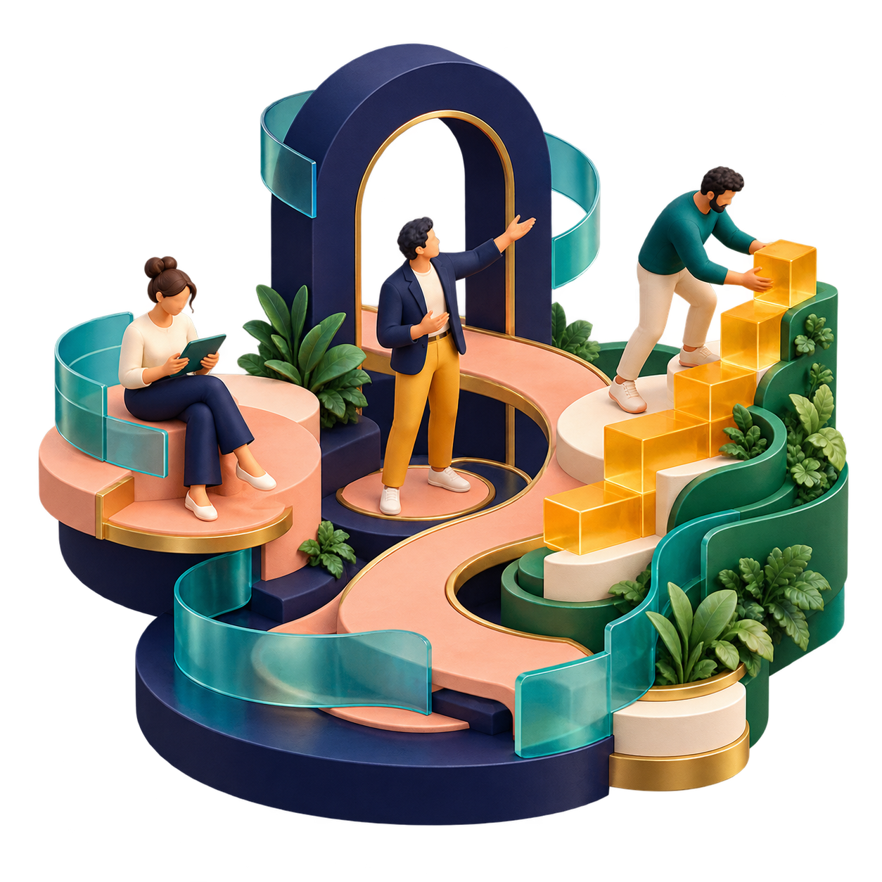Three colleagues work together in a sculptural business garden, connected by peach pathways, a navy arch, teal ribbons, golden steps and green planting.