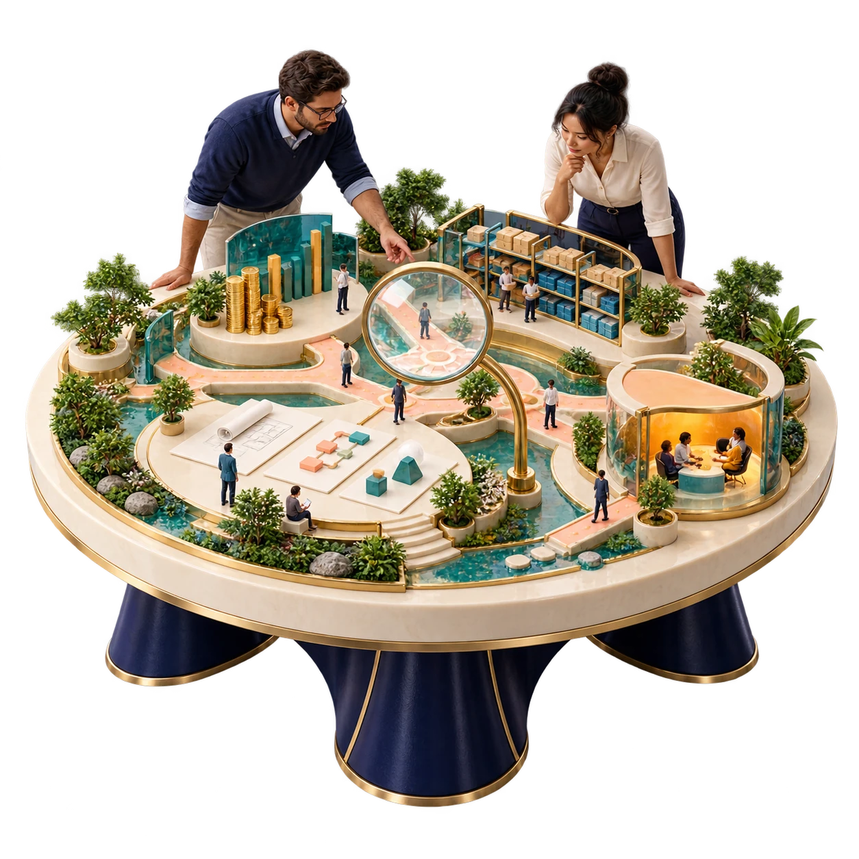 Two consultants explore the details of a connected sculptural business garden.