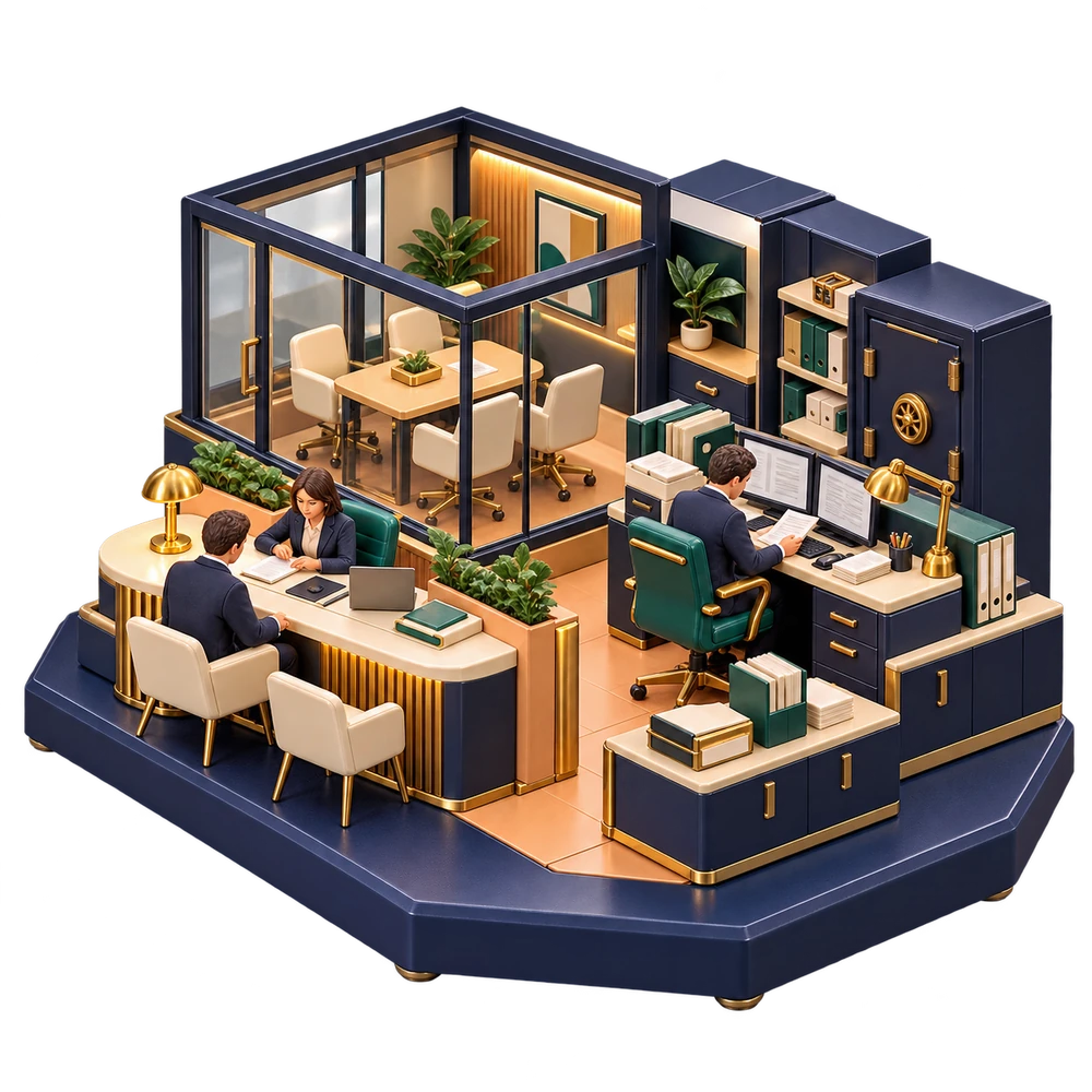 Sculptural financial-services office with a client-advisor desk, meeting room and financial review workstation.