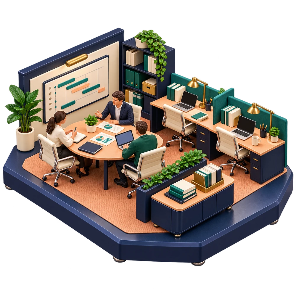 Sculptural professional-services office with a client project meeting and consultant workstations.