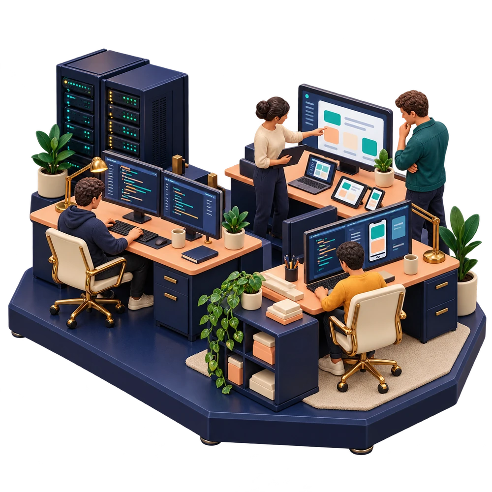 Sculptural software engineering studio with developers, product testing devices and server racks.