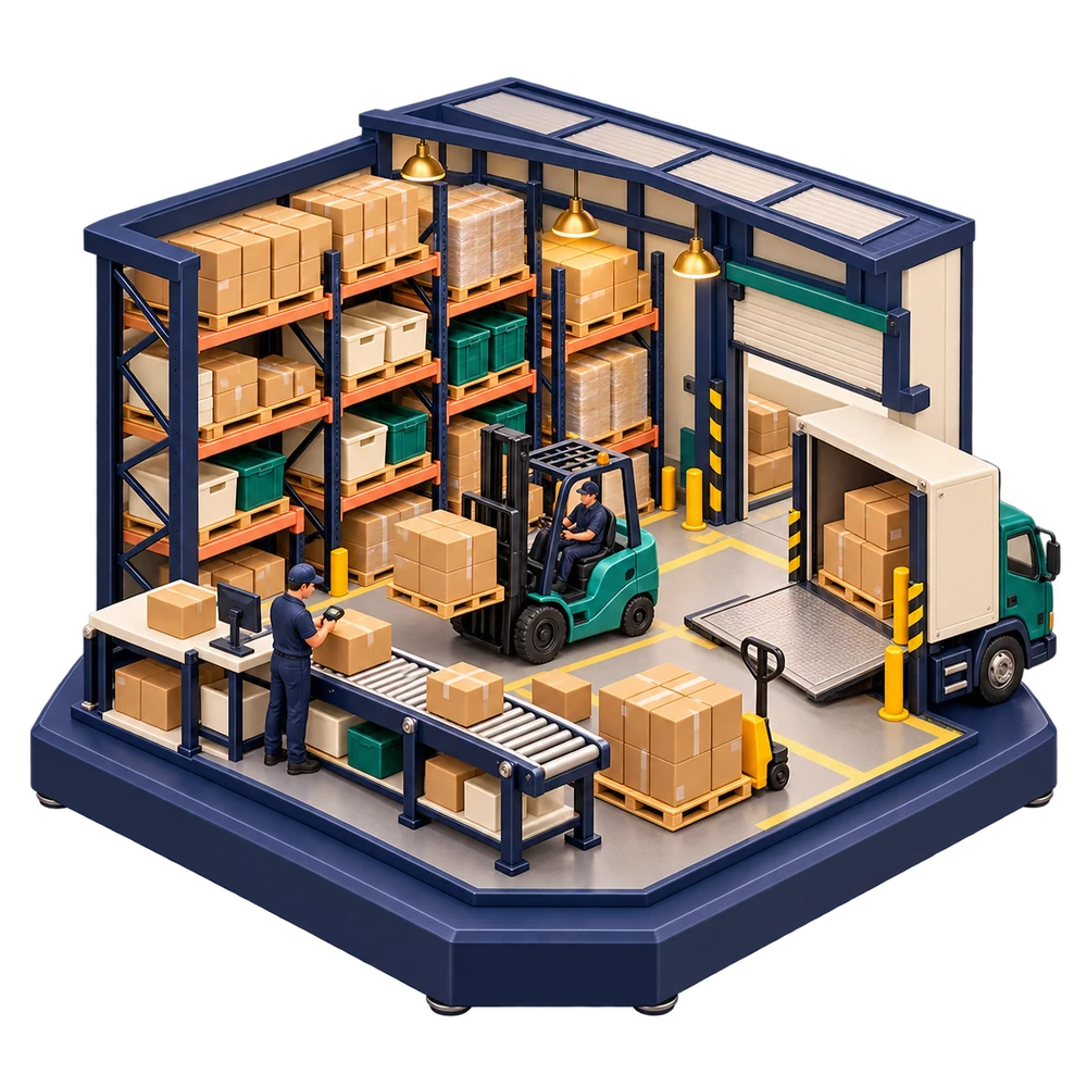 A sculptural distribution warehouse with connected purchasing, stock and fulfillment activity.