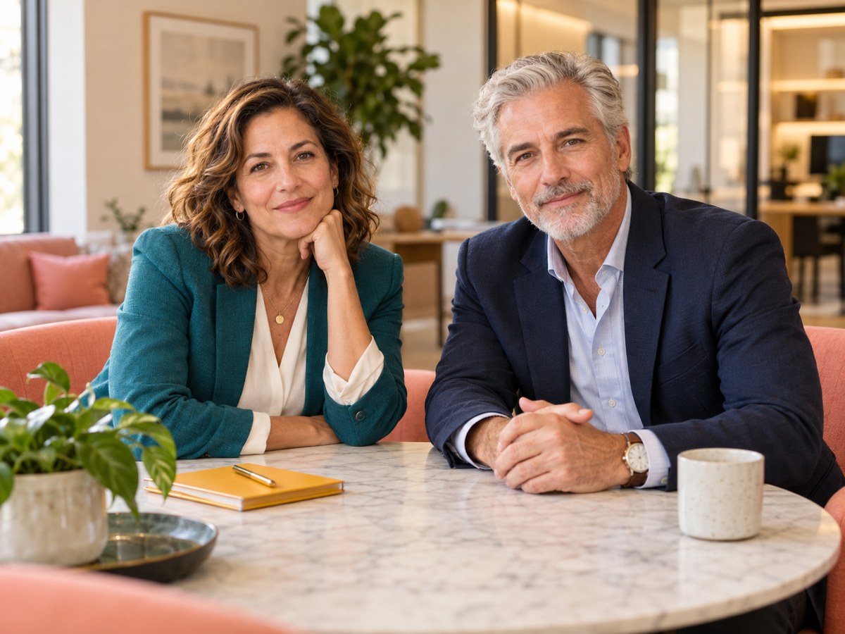 An illustrative scene of two experienced business consultants welcoming the reader into a conversation.