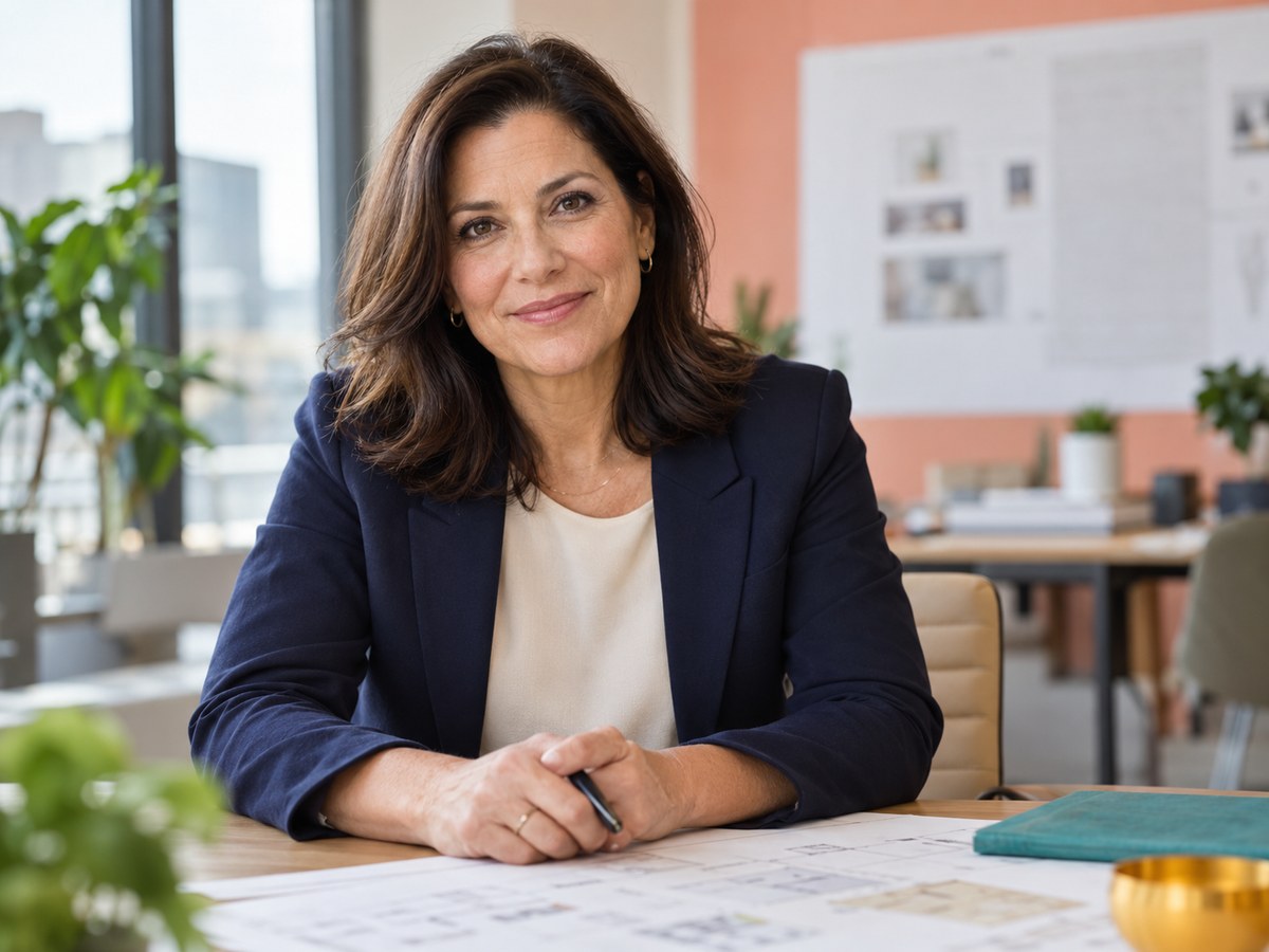An illustrative portrait of an experienced implementation consultant looking directly at the reader, seated with project plans in a warm office.