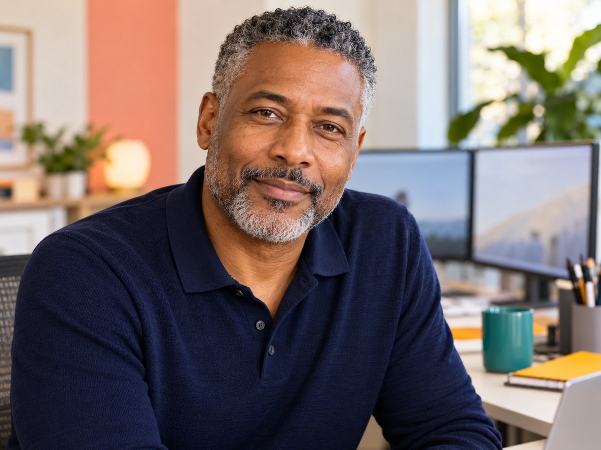 An illustrative portrait of an experienced systems strategist in a contemporary workspace, looking directly at the reader.