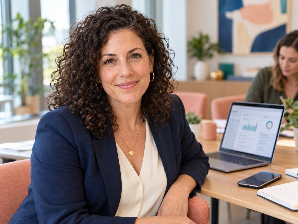 An illustrative portrait of an experienced digital-experience consultant beside a laptop and phone, looking directly at the reader.