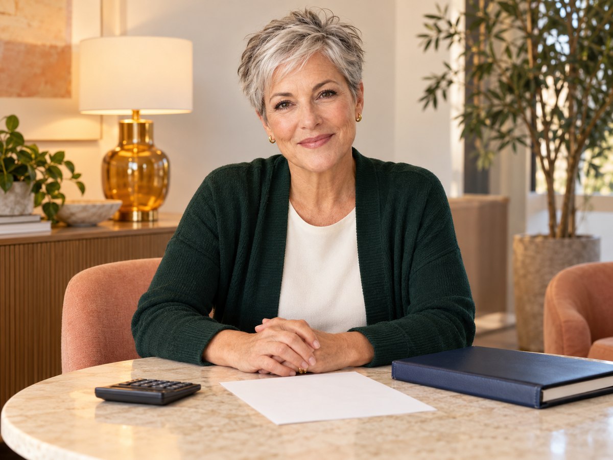 Fictional senior financial consultant at a budget review table, looking directly toward the viewer.