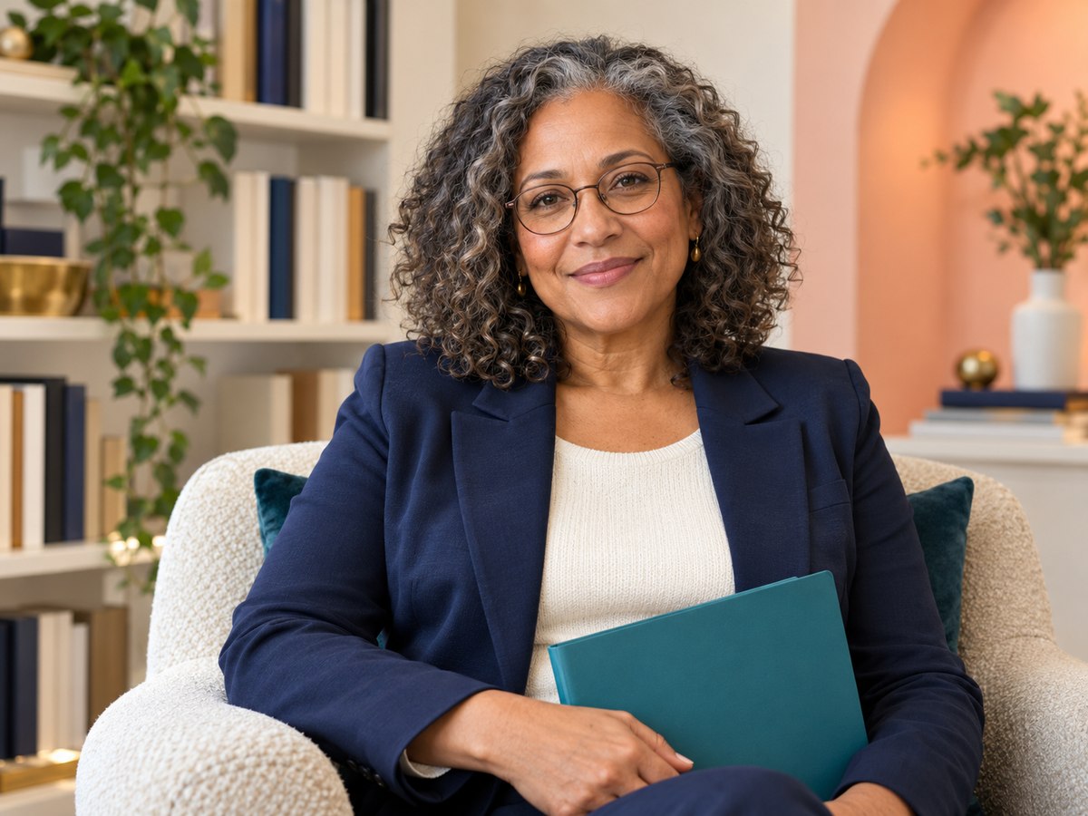 Fictional senior consultant with a reading folder in a bright business library, looking toward the viewer.