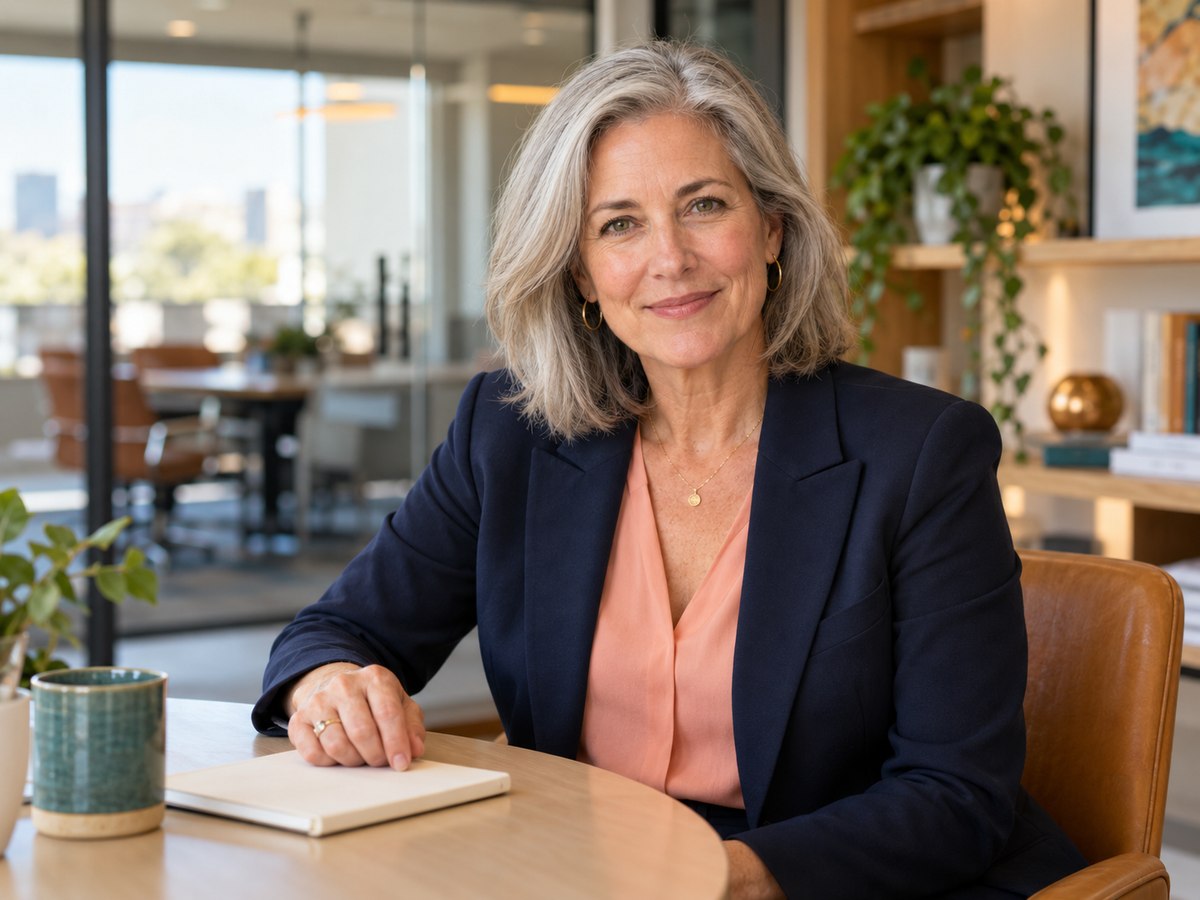 A senior business strategist looking directly at the viewer across a meeting table.