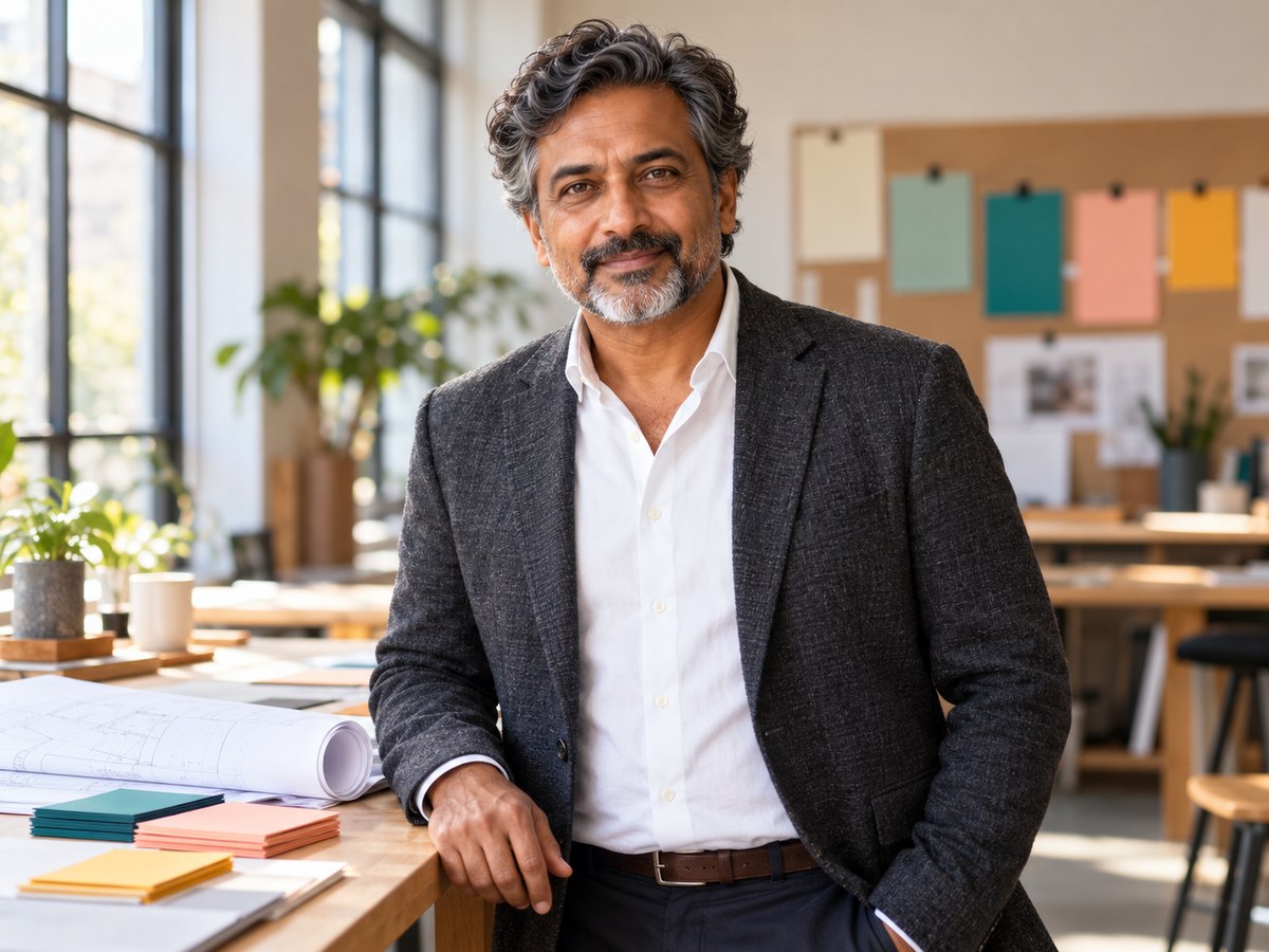 An experienced project lead making direct eye contact in a planning studio.