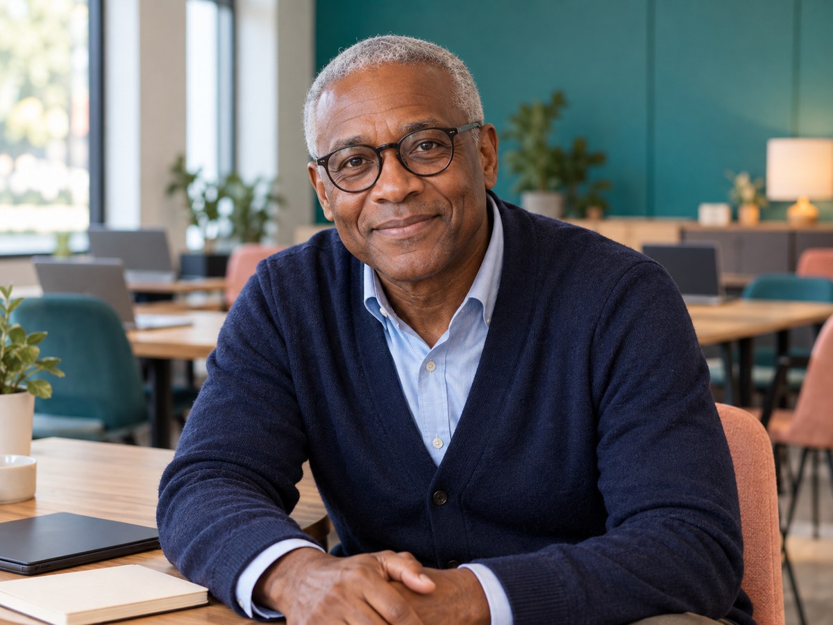 A senior trainer making welcoming eye contact in a business learning room.