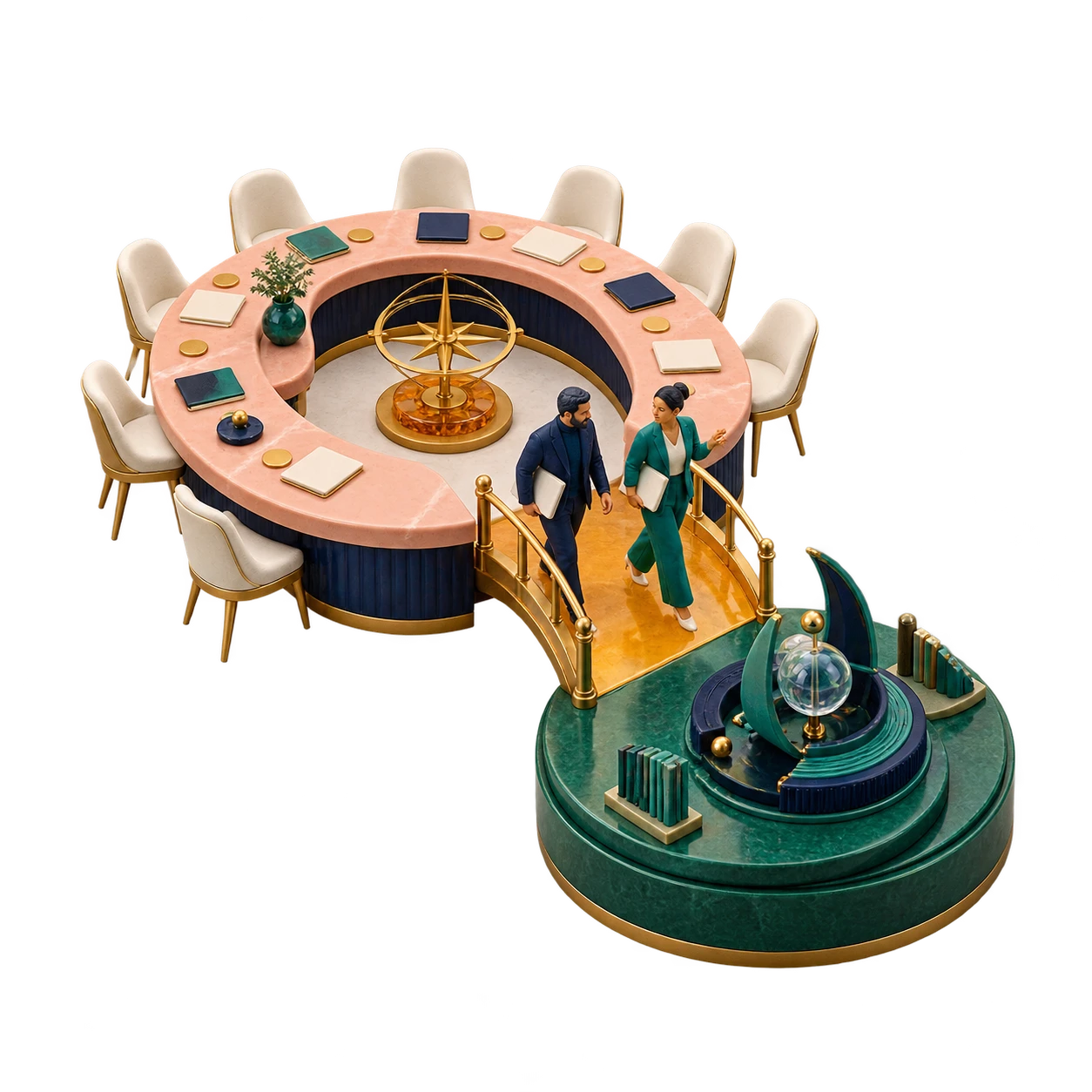 A sculptural roundtable linking strategic direction to shared implementation work.