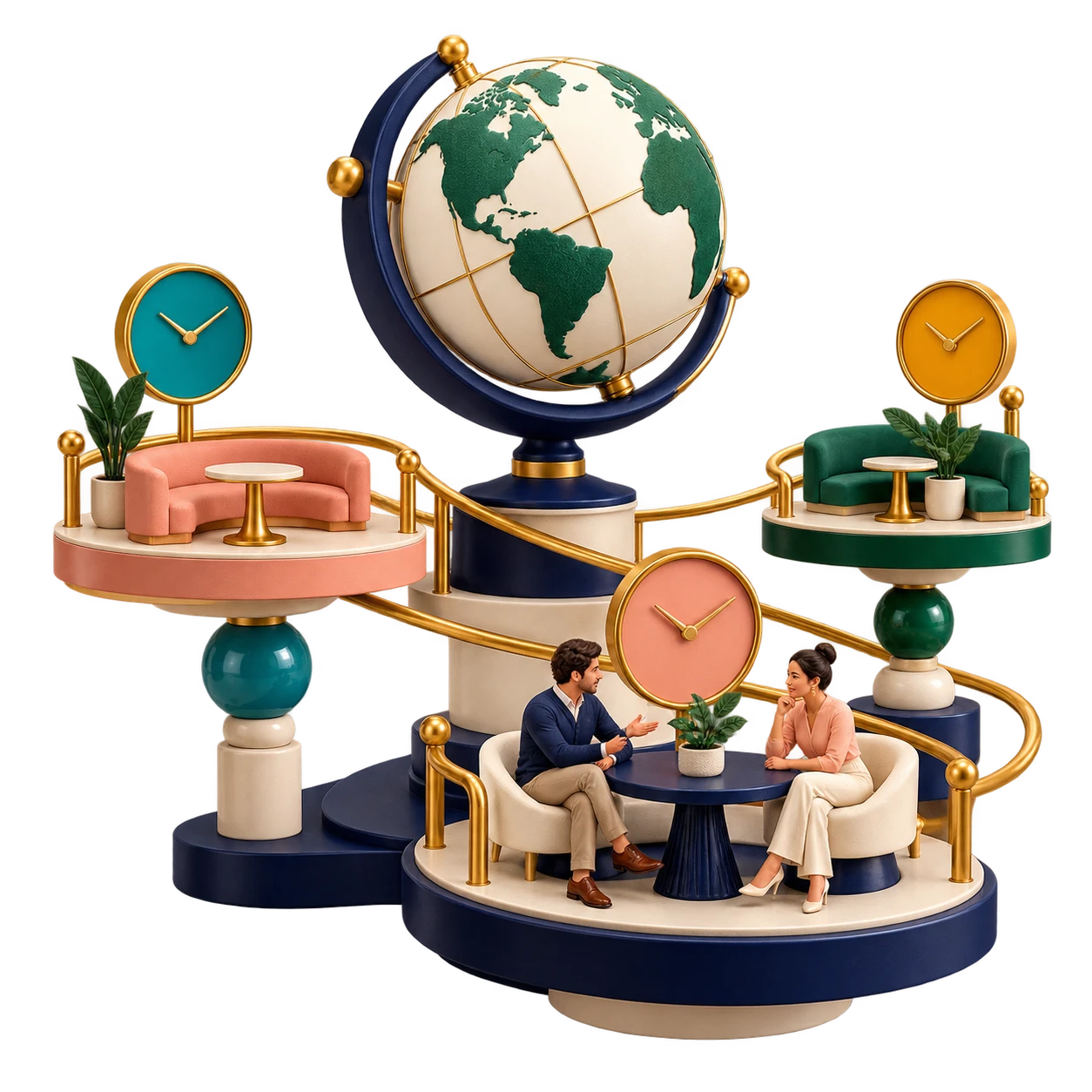 A sculptural globe and three meeting spaces connected across time zones.