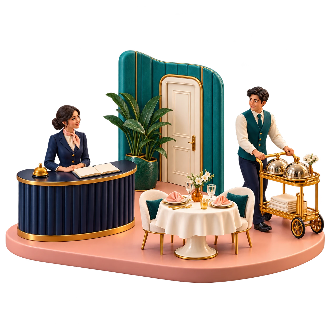 A miniature hospitality service scene linking reception, room preparation and dining.