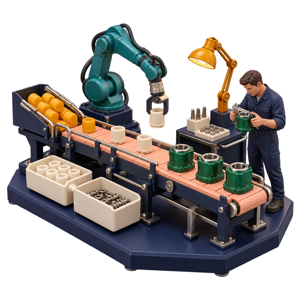 A miniature production line linking materials, assembly, inspection and finished stock.