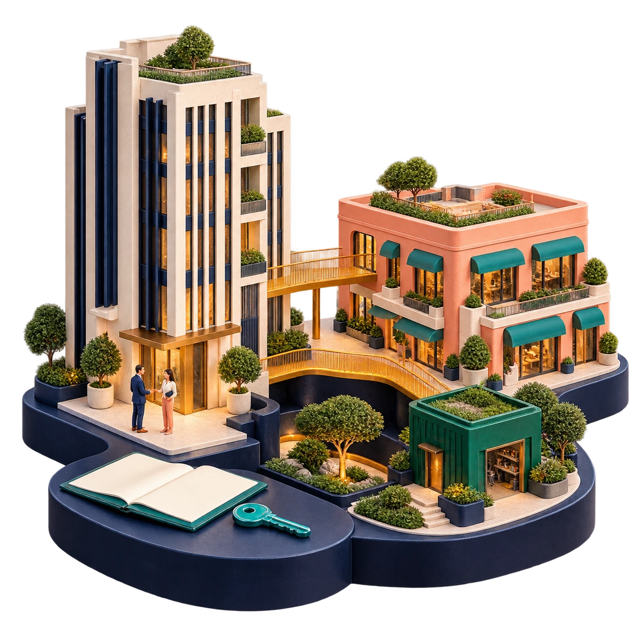 A miniature property portfolio joined by ownership and facilities pathways.