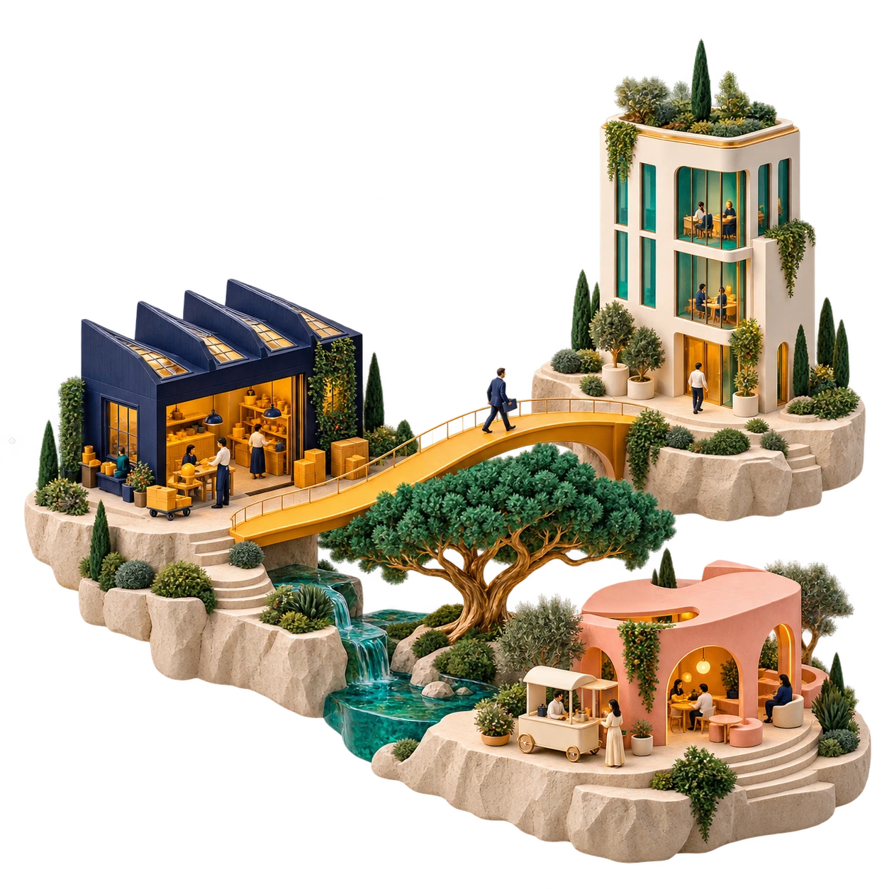 A compact sculptural landscape of varied industries connected by shared operations.